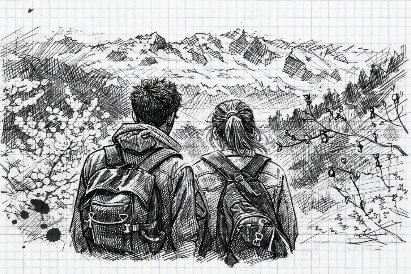 Two people with backpacks standing on a mountain trail, looking at the mountain landscape ahead.